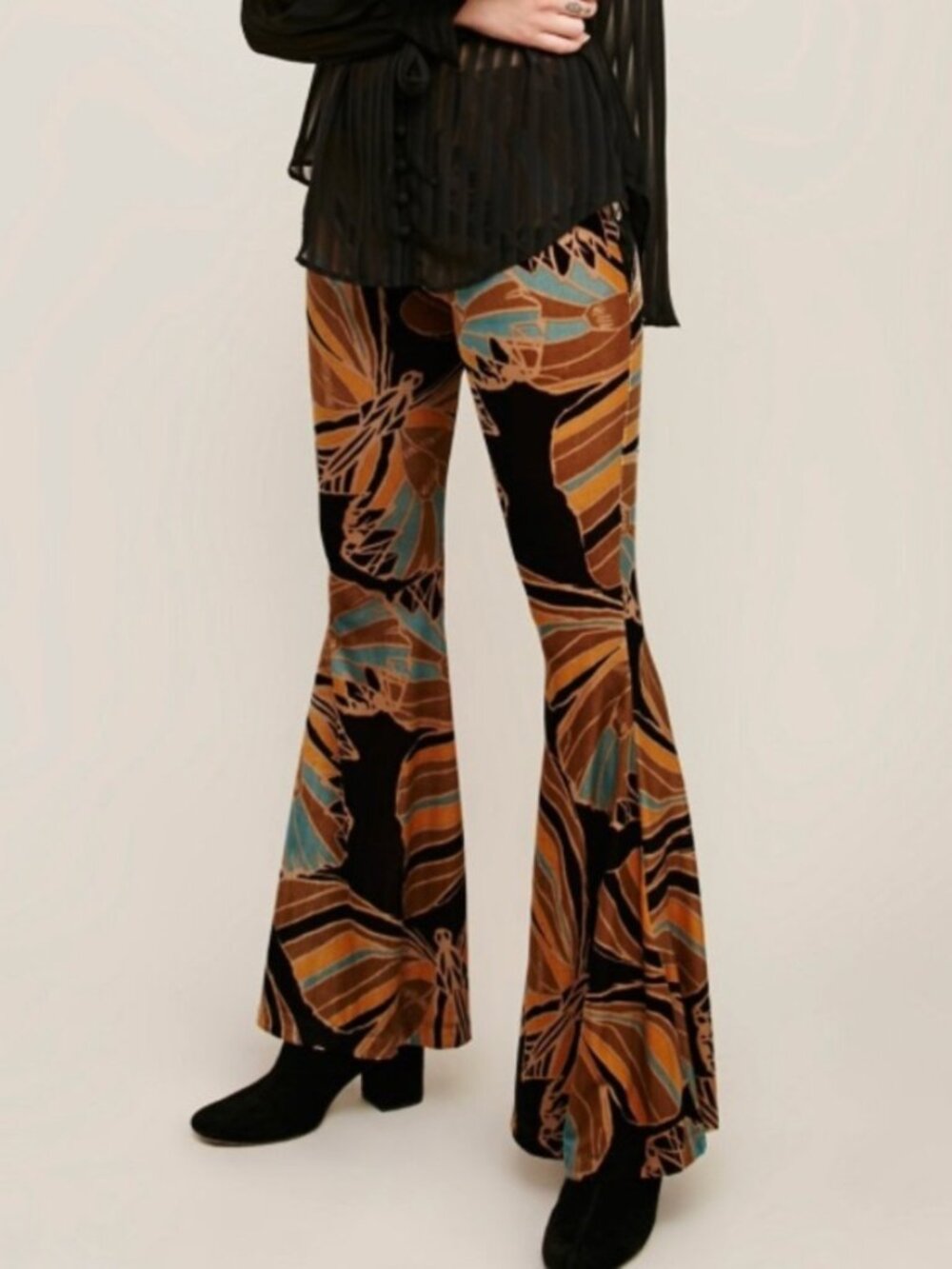 Free People Float Away Velvet Flare Pants Women's Size Large Boho Black Night
